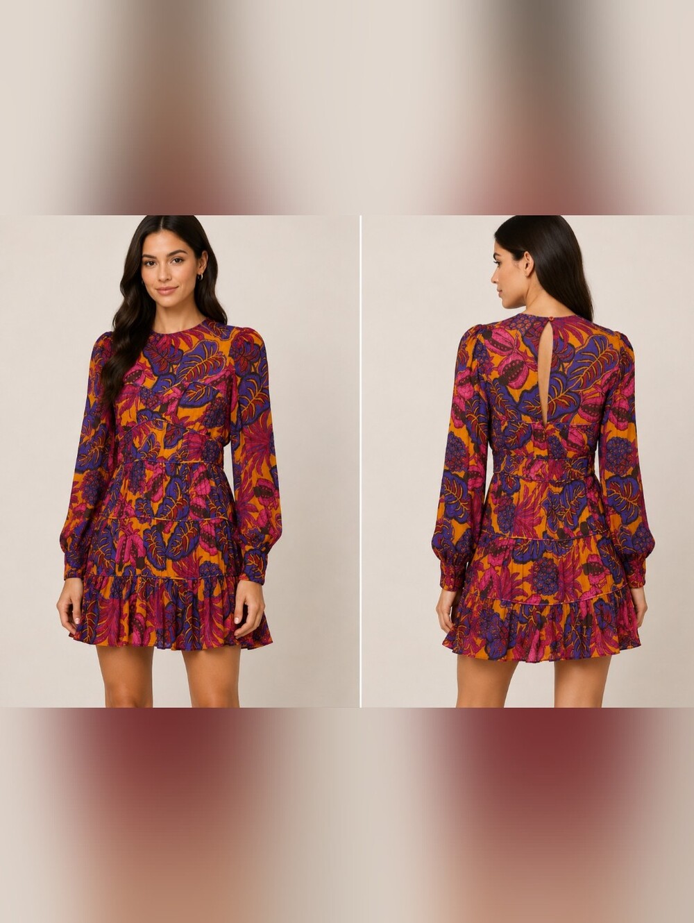 NWT Farm Rio Fruit Dream Yellow  Botanical Ruffle Long-Sleeve Mini Dress